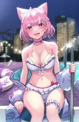 Rule 34 | 1girl, almico, animal ear fluff, animal ears, antenna hair, bare shoulders, bikini, blurry, blurry background, blush, braid, breasts, building, choker, city lights, cleavage, collarbone, dot nose, extra ears, fangs, fingernails, frilled bikini, frilled choker, frills, green hoodie, groin, hair ornament, hair ribbon, hakui koyori, hakui koyori (3rd costume), highres, hololive, hood, hoodie, innertube, large breasts, long fingernails, looking at viewer, medium hair, nail polish, navel, night, night sky, open clothes, open hoodie, open mouth, outdoors, palm tree, pink choker, pink hair, pink nails, pool, pool ladder, purple eyes, purple innertube, red ribbon, ribbon, sitting, sky, sleeves past wrists, smile, solo, stomach, swimsuit, teeth, thigh strap, thighs, tile floor, tiles, tree, two-tone choker, two-tone hoodie, upper teeth only, virtual youtuber, white bikini, white choker, white hoodie, white innertube, wolf ears, wolf girl