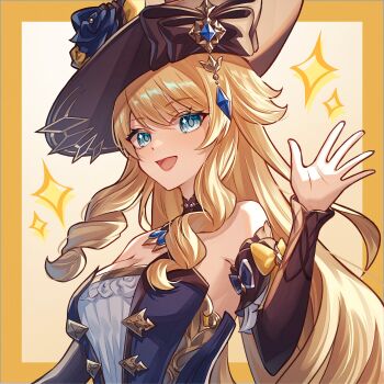 1girl :d absurdres black_hat blonde_hair blue_eyes border commentary_request detached_sleeves dress drill_hair drill_sidelocks genshin_impact hand_up hat highres long_hair long_sleeves looking_at_viewer navia_(genshin_impact) open_mouth outside_border sidelocks smile solo star_(symbol) star_in_eye strapless strapless_dress symbol_in_eye upper_body waving yellow_border yuno_kaihara