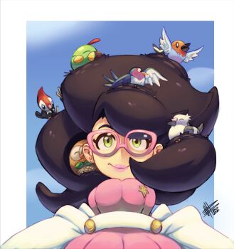 1girl aether_foundation big_hair bird bird_nest brooch coat fletchling gen_2_pokemon gen_3_pokemon gen_5_pokemon gen_6_pokemon gen_7_pokemon glasses green_eyes jewelry mateus_upd natu nest nintendo pidove pikipek pokemon pokemon_(creature) pokemon_sm rowlet sky smile taillow upper_body white_coat wicke_(pokemon)