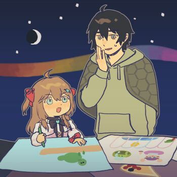 1boy 1girl :d ahoge bags_under_eyes black_bow black_bowtie black_hair blue_background blue_eyes bow bowtie brown_hair capelet child child's_drawing crayon crescent_moon double-parted_bangs drawing_(action) drawstring dress green_capelet green_eyes green_hoodie hair_between_eyes hair_bow hair_ornament hand_on_own_cheek hand_on_own_face heart heart_hair_ornament hexagon_print highres holding holding_crayon hood hoodie long_hair long_sleeves looking_at_another moon neuro-sama night official_alternate_costume open_mouth pocket rainbow red_bow rikokoooou short_hair sky sleeve_bow smile star_(sky) starry_sky sweatdrop turtle two_side_up v-shaped_eyebrows vedal_ai virtual_youtuber white_dress