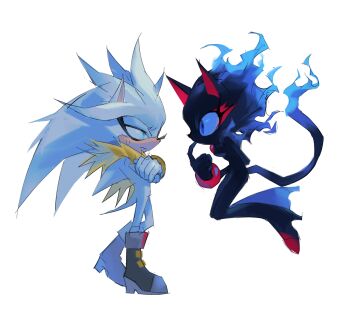 absurdres alternate_costume alternate_universe animal_ears blaze_the_cat blaze_the_cat_(beta_design) blue_eyes blue_fire boots bracelet cat_girl couple crossed_arms digu718910 fiery_hair fiery_tail fire floating full_body fur_trim furry furry_female furry_male gloves hedgehog_boy highres index_finger_raised jewelry korean_commentary looking_at_another silver_the_hedgehog silver_the_hedgehog_(beta_design) simple_background sonic_(series) sweatdrop tail white_background white_gloves