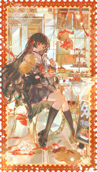 1girl absurdres arm_cutout black_choker black_hair black_shirt black_shoes black_skirt cake chinese_commentary chisa_(wuthering_waves) choker clothing_cutout commentary_request food hair_ribbon highres holding holding_plate loafers long_hair mian_tu_qiu namipon_(wuthering_waves) neckerchief plate red_eyes red_neckerchief red_ribbon ribbon sailor_collar shirt shoes sitting skirt solo tacet_mark_(wuthering_waves) thigh_strap thighs white_sailor_collar wuthering_waves