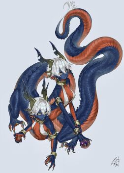 2girls absurdres blue_sclera bracelet breasts centauroid claws colored_sclera colored_skin commentary conjoined dragon dragon_girl dragon_horns ear_piercing eastern_dragon fingernails highres horns hydra jewelry large_breasts long_fingernails looking_at_viewer multiple_girls navel original piercing pointy_ears ryoryo. short_hair siblings slit_pupils tail taur twins western_dragon white_hair yellow_eyes