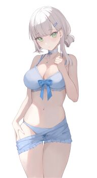 1girl :/ absurdres blue_bra blue_choker blue_panties blue_shorts bra breasts choker cleavage clothes_pull commentary cowboy_shot frilled_shorts frills green_eyes grey_hair hair_ornament hair_rings hairclip hand_up highres hololive jewelry lace lace-trimmed_bra lace_trim large_breasts looking_at_viewer medium_hair multi-strapped_bra navel necklace official_alternate_costume official_alternate_hairstyle panties shirogane_noel shirogane_noel_(9th_costume) short_shorts shorts shorts_pull single_hair_ring single_sidelock solo stomach straight-on string_choker styrovle thigh_gap underwear virtual_youtuber