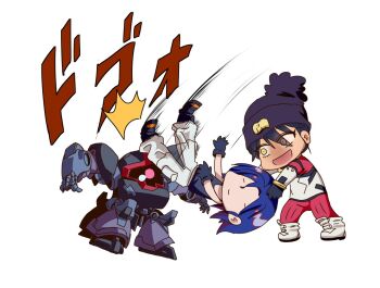 1boy 1girl black_hair blue_hair bodysuit colored_inner_hair crying dom_(mobile_suit) gloves gundam gundam_gquuuuuux hat hitting holding long_hair mecha mecha_pilot_suit mobile_suit multicolored_bodysuit multicolored_hair multiple_legs normal_suit_(gundam) nyaan_(gundam_gquuuuuux) one-eyed open_mouth purple_hair robot saka_ryouka science_fiction short_hair shuji_ito simple_background smile sound_effects tank_top two-tone_hair white_background yellow_eyes zeon