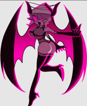 1girl ass bare_shoulders breasts demon_girl demon_horns demon_wings friday_night_funkin&#039; full_body genderswap genderswap_(mtf) gloves high_heels horns large_breasts legs_up leotard looking_back middle_finger navel non-web_source nun one_eye_closed pink_eyes selvena_(friday_night_funkin&#039;) smile thick_thighs thighhighs thighs white_background wings