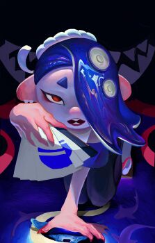 1girl all_fours blue_hair capelet eyeliner facing_viewer fangs folding_fan hair_over_one_eye hand_fan long_hair looking_at_viewer makeup master_mega_(splatoon) nejiri_hachimaki nintendo octoling open_mouth paper_fan red_eyes sandals shiver_(deep_cut_outfit)_(splatoon) shiver_(splatoon) solo splatoon_(series) splatoon_3 tentacle_hair