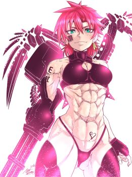 1girl abs arm_mounted_weapon barcode barcode_tattoo bare_shoulders boots bra breasts cleavage cleavage_cutout clothing_cutout dated earrings fingerless_gloves gloves green_eyes gun heart heart_tattoo highres jewelry looking_at_viewer machine machine_gun muscular muscular_female original red_hair signature sleeveless small_breasts solo tattoo thigh_boots underboob underwear weapon white_background white_bra zippedsquire