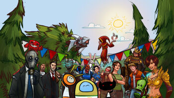 4girls 6+boys annotated armor asha_catari assassin's_creed assassin's_creed_(series) assassin's_creed_ii assassin_(mnc) assault_(mnc) back_to_the_future bandages belt black_hair blindfold blonde_hair blood braid breasts brown_hair bun_cover bunny_ears_prank capcom character_request chun-li closed_eyes clothes_writing cloud crossed_arms cyl dark_skin day dead_space_(series) double_bun english_text everyone ezio_auditore_da_firenze facial_hair fingerless_gloves flag floating food formal_clothes francis_(left4dead) gloves gun hair_bun highres homefront hood horse isaac_clarke killing_floor lara_croft leaf left_4_dead left_4_dead_1 left_4_dead_2 long_hair mafia_ii magicka makani marty_mcfly mask max_(sam_&amp;_max) meat meat_boy medium_breasts monday_night_combat mr._foster multiple_boys multiple_girls navel necktie no_legwear official_art official_wallpaper outdoors peashooter_(plants_vs._zombies) plant plants_vs._zombies pocket pucket rift robert_jacobs roderick_bodkin sam_&amp;_max seal_(animal) shirt sign sir_roderick_bodkin sky smile steam_(platform) street_fighter suit summer_seal sun super_meat_boy t-shirt tappet thumbs_up tomb_raider total_war total_war:_shogun_2 tree v valve waving weapon worms_(game)