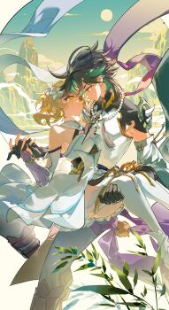 1boy 1girl blonde_hair carrying carrying_person genshin_impact hetero limaomao looking_at_another lumine_(genshin_impact) mountain princess_carry short_hair thighhighs venti_(genshin_impact) white_thighhighs yellow_eyes