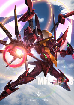 absurdres artist_name blue_eyes blue_sky cloud cloudy_sky code_geass commentary_request dagger day electricity energy_wings eye_trail flying foreshortening glowing glowing_eye guren_(code_geass) guren_s.e.i.t.e.n._eight_elements highres holding holding_dagger holding_knife holding_weapon incoming_attack knife knightmare_frame legs_apart lens_flare light_trail looking_at_viewer mecha mf_draws no_humans open_hand outdoors outstretched_arm robot science_fiction sky solo weapon