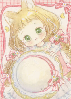 Rule 34 | 1girl, animal ears, blonde hair, braid, cat ears, cat girl, commentary request, food-themed hair ornament, green eyes, hair ornament, hair ribbon, hat, highres, holding, holding unworn clothes, holding unworn hat, looking at viewer, low twin braids, original, painting (medium), ribbon, solo, strawberry hair ornament, striped ribbon, tato (kunikida-3), traditional media, twin braids, unworn hat, unworn headwear, upper body, watercolor (medium)