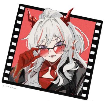 Rule 34 | 1girl, adjusting eyewear, arknights, arm tattoo, black jacket, colored extremities, colored skin, commentary, dragon girl, dragon horns, earrings, film strip border, hand up, highres, horns, jacket, jewelry, kobuchan, looking at viewer, looking over eyewear, multicolored hair, nian (arknights), nian (thunderbolt director) (arknights), official alternate costume, ponytail, purple eyes, red-tinted eyewear, red shirt, red skin, red streaks, shirt, solo, streaked hair, sunglasses, tassel, tassel earrings, tattoo, tinted eyewear, untranslatable commentary, upper body, white hair