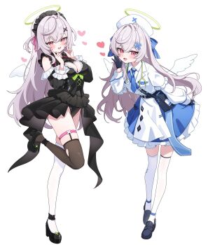 2girls absurdres angel angel_wings asymmetrical_legwear bag beatrixa_(stella_sora) black_bag black_corset black_gloves black_shoes black_thighhighs blue_bow blue_necktie blue_skirt blush bow breasts cleavage cleavage_cutout clothing_cutout collared_shirt commentary corset cowboy_shot cross-laced_clothes cross-laced_corset dress dual_persona fang frilled_dress frills full_body gloves green_halo grey_hair hair_bow hair_ornament hair_ribbon halo hat heart highres long_hair maid_headdress medium_breasts microdress mismatched_legwear multiple_girls necktie nonddu nurse_cap red_eyes ribbon shaded_face shirt shoes shoulder_bag simple_background skin_fang skirt smile standing standing_on_one_leg stella_sora stethoscope symbol-only_commentary thigh_strap thighhighs torn_clothes torn_thighhighs traditional_halo white_background white_shirt white_thighhighs white_wings wings x_hair_ornament yellow_halo