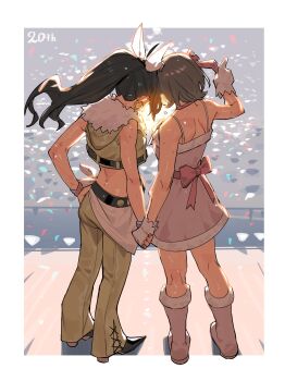 2girls absurdres amami_haruka anniversary antenna_hair belt beyond_the_vibes_(idolmaster) black_belt black_shoes boots border bow bukimi_isan choker cropped_jacket dress earrings flipped_hair from_behind fur-trimmed_boots fur-trimmed_dress fur-trimmed_hood fur_trim ganaha_hibiki gloves hair_bow hair_ribbon hand_on_own_hip highres hood hood_down hoop_earrings idolmaster idolmaster_(classic) idolmaster_million_live! idolmaster_million_live!_theater_days index_finger_raised jacket jewelry long_hair median_furrow medium_hair midriff multiple_girls multiple_hair_bows outside_border panties pink_boots pink_dress ponytail red_choker red_ribbon ribbon shiny_skin shoes shoulder_blades sleeveless sleeveless_jacket snow_strawberry_(idolmaster) spaghetti_strap stage standing sun sweat underwear waist_ribbon white_border white_gloves white_ribbon wristband yellow_jacket yellow_panties