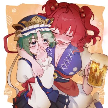 2girls alcohol beer breasts cleavage highres large_breasts momonhashi multiple_girls onozuka_komachi red_hair shiki_eiki tagme touhou