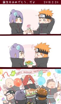 1girl 5boys akatsuki_(naruto) blush fish_(food) flower food happy_birthday highres holding holding_flower holding_food konan_(naruto) looking_at_another meitarou multiple_boys nagato_(naruto) naruto_(series) naruto_shippuuden pink_flower purple_hair red_hair short_hair yahiko_(naruto)