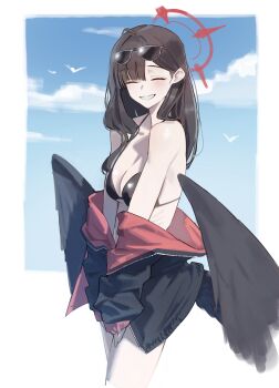 1girl absurdres bikini bird black_bikini black_hair black_jacket black_wings blue_archive blue_sky breasts cleavage closed_eyes cloud cross_halo esnowg eyewear_on_head feathered_wings halo highres ichika_(blue_archive) ichika_(swimsuit)_(blue_archive) jacket long_hair low_wings red_halo red_jacket ribs sky smile solo sunglasses swimsuit teeth two-sided_fabric two-sided_jacket wings