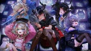 Rule 34 | 5girls, :d, ?, alternate hairstyle, animal ear fluff, animal ears, asymmetrical horns, asymmetrical legwear, bandaid, bandaid hair ornament, black capelet, black hair, black jacket, black shirt, black skirt, black thighhighs, blonde hair, blue hair, blue jacket, blue shirt, blue skirt, blush, book, brown thighhighs, camisole, capelet, clothes writing, collar, commentary, copyright notice, crt, demon horns, dog ears, dog girl, dog tail, dress, english commentary, fang, fangs, flower, fox shadow puppet, frilled camisole, frills, fuwawa abyssgard, fuwawa abyssgard (casual), grey hair, hair between eyes, hair ornament, hairclip, hairstyle switch, hand mirror, highres, holding, holding book, holoadvent, hololive, hololive english, hood, hooded jacket, horn flower, horns, jacket, jailbird (nerissa ravencroft), katana, knees together feet apart, koseki bijou, koseki bijou (casual), long hair, long sleeves, looking at another, looking at mirror, looking at viewer, miniskirt, mirror, mococo abyssgard, mococo abyssgard (casual), monitor, mouth hold, multicolored hair, multiple girls, nail polish, nekoya (nekodayo 22), nerissa ravencroft, nerissa ravencroft (casual), official alternate costume, official alternate hairstyle, official art, open mouth, pebble (koseki bijou), pink eyes, pink jacket, purple eyes, red collar, red dress, ruffian (fuwamoco), shiori novella, shiori novella (casual), shirt, short hair, siblings, single thighhigh, sisters, sitting, skin fang, skirt, smile, split-color hair, streaked hair, sword, tail, thighhighs, twins, two side up, uneven horns, uneven legwear, virtual youtuber, weapon, white camisole, white shirt, white thighhighs, x hair ornament