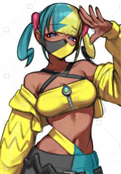 1girl aqua_hair aqua_nails arm_up bandeau bare_shoulders black_mask blonde_hair blue_eyes breasts canari_(pokemon) center-flap_bangs criss-cross_halter dark-skinned_female dark_skin fingernails furrowed_brow halterneck jacket looking_at_viewer mask medium_breasts mega_stone midriff mouth_mask multicolored_hair nail_polish nanja navel nintendo off_shoulder pokemon pokemon_legends:_z-a short_twintails solo split-color_hair twintails two-tone_hair two-tone_mask upper_body yellow_bandeau yellow_jacket yellow_mask yellow_nails