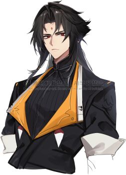 1boy absurdres black_hair black_jacket black_shirt commentary_request cropped_torso frown highres jacket konsai_2 long_hair male_focus red_eyes shirt sidelocks simple_background solo watermark white_background ye_shiyuan zenless_zone_zero