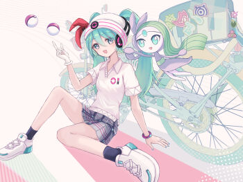 2girls absurdres aqua_eyes aqua_hair aqua_nails bag beanie black_dress blush bracelet breasts collarbone collared_shirt commentary_request dress fingernails full_body gen_5_pokemon gloves green_skirt grey_skirt hair_between_eyes hair_ornament hat hatsune_miku headset highres jewelry legendary_pokemon long_hair looking_at_viewer medium_breasts meloetta meloetta_(aria) motor_vehicle motorcycle multiple_girls mythical_pokemon nail_polish nintendo official_alternate_costume official_alternate_hairstyle open_mouth plaid_clothes plaid_skirt poke_ball poke_ball_print poke_ball_symbol pokemon pokemon_(creature) project_voltage psychic_miku_(project_voltage) shirt short_sleeves single_glove sitting skirt smile vocaloid white_gloves white_shirt yuzuaji