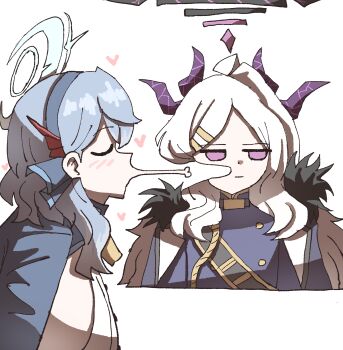2girls :| absurdres ako_(blue_archive) bell black_halo blue_archive blue_coat blue_hair blue_hairband blue_halo buttons closed_eyes closed_mouth coat commentary cropped_torso demon_girl demon_horns double-breasted from_side hairband halo highres hina_(blue_archive) horns jitome kai_xin long_hair long_sleeves looking_to_the_side maomao_evading_jinshi&#039;s_kiss_(meme) meme multiple_girls multiple_horns neck_bell parted_bangs profile puckered_lips purple_eyes simple_background symbol-only_commentary white_background white_hair yuri