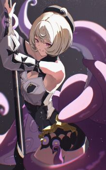 1girl absurdres ahoge arms_up beret black_hat blonde_hair breasts cleavage commentary_request detached_sleeves hair_between_eyes hat highres holding holding_polearm holding_weapon jitsumuda long_sleeves looking_at_viewer medium_breasts monster_girl parted_lips polearm purple_eyes scylla shirt short_hair smile solo tentacles weapon white_shirt yidhari_murphy zenless_zone_zero