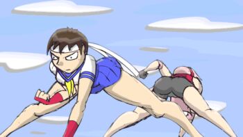 3girls animated animated_gif bandana bike_shorts black_gloves black_hair blue_skirt brown_hair cameltoe capcom cardcaptor_sakura closed_eyes cunt_punt elbow_gloves elbow_pads english_text gloves groin_attack hairband haruno_sakura headband kasugano_sakura kinomoto_sakura multiple_girls naruto_(series) naruto_shippuuden pain pink_hair red_hairband school_uniform skirt spread_legs street_fighter tagme tomoeda_middle_school_uniform