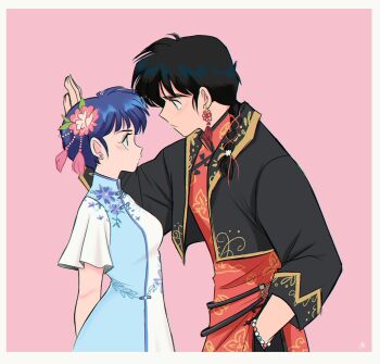 1boy 1girl arms_behind_back bead_bracelet beads black_hair black_jacket blue_dress blue_hair blush border bracelet braid breasts cropped_jacket dress flower flower_knot gold_trim hair_flower hair_ornament hair_over_shoulder hand_in_pocket highres isabel_(chabeescalante) jacket jewelry kabedon knot_earrings long_hair looking_at_another medium_breasts pink_background ranma_1/2 red_shirt saotome_ranma shirt short_hair short_sleeves single_braid tassel tassel_hair_ornament tendou_akane white_border white_sleeves