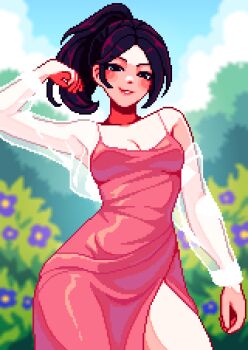 1girl armpits artist_self-insert aseprite_(medium) black_eyes black_hair blurry blush breasts cleavage commentary contrapposto cowboy_shot depth_of_field english_commentary flower from_below high_ponytail highres long_hair looking_at_viewer medium_breasts outdoors parted_lips pixel_art ponytail purple_flower see-through_clothes smile solo yumykon yumykon_(yumykon) yumyverse