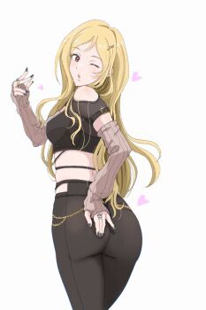 Rule 34 | 1girl, arm warmers, ass, black nails, black pants, blonde hair, breasts, brown eyes, commentary request, cowboy shot, fingerless gloves, fingernails, from behind, gloves, hair ornament, hand on own ass, hand up, heart, highres, hip-hop woman (idolmaster), idolmaster, idolmaster million live!, idolmaster million live! theater days, jewelry, long hair, looking back, momose rio, nail polish, official alternate costume, one eye closed, osage gankyou, pants, ring, simple background, solo, standing, white background, x hair ornament