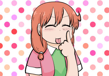 1girl a-king blush city_(arawi_keiichi) closed_eyes collared_shirt finger_to_face green_shirt index_finger_raised izumi_riko_(city) jacket long_hair mocking orange_hiair polka_dot polka_dot_background red_jacket shirt solo tongue tongue_out upper_body