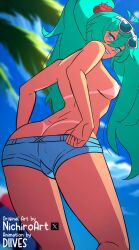 1girl 2024 9:16 animated ass blue_eyes blue_hair brazil brazilian_female brazilian_miku breasts diives female_focus hatsune_miku highres huge_ass latin_american_hatsune_miku_(meme) long_hair looking_at_viewer looking_back nichiro nipples no_panties pussy shorts shorts_down smile sunglasses tan tanline tongue tongue_out topless twintails video vocaloid