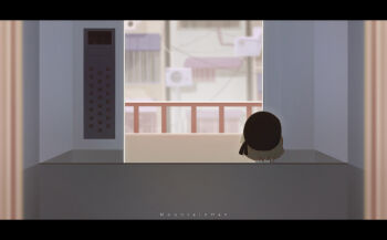Rule 34 | 1girl, absurdres, artist name, beret, black hat, blurry, blurry background, blurry foreground, brown hair, building, chinese commentary, commentary request, day, different reflection, doorway, elevator, facing away, hat, hatoba tsugu, highres, letterboxed, mirror, mountain han, pov doorway, railing, reflection, short hair, solo, tsugu (vtuber), virtual youtuber