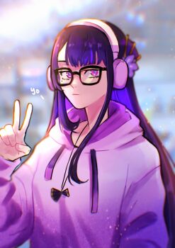 1girl absurdres alternate_costume blue_pupils blunt_bangs blurry blurry_background closed_mouth commentary english_commentary english_text fan_hair_ornament genshin_impact glasses gradient_hair hair_down hand_up headphones highres hood hood_down hoodie hoyofair jewelry light_particles long_hair long_sleeves looking_at_viewer mole mole_under_eye multicolored_eyes multicolored_hair necklace outdoors purple_eyes purple_hair purple_hoodie raiden_shogun raiden_shogun_(2nd_anniversary) sethkiel shade solo standing streaked_hair v