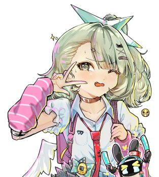 1girl angel_wings backpack bag cat_hair_ornament collared_shirt commentary fang green_eyes green_hair hair_ornament hairband hairpin kghazir looking_at_viewer medium_hair one_eye_closed ponytail randoseru red_bag shirt solo sunna_(zenless_zone_zero) symbol-only_commentary v white_shirt wings x_hair_ornament zenless_zone_zero