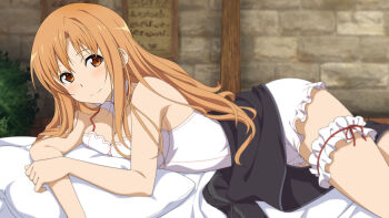 10s 1girl asuna_(sao) bed_sheet breasts brown_eyes brown_hair cleavage female_focus game_cg hair_over_shoulder highres indoors long_hair looking_at_viewer lying medium_breasts neck_garter official_art official_wallpaper on_back pillow red_ribbon ribbon smile solo sword_art_online sword_art_online:_hollow_realization thigh_strap tunic