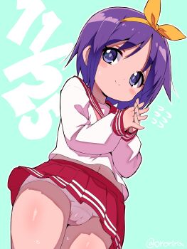 1girl absurdres blush_stickers commentary_request flying_sweatdrops from_below good_twins_day highres hiiragi_tsukasa looking_at_viewer lucky_star muu_rian navel own_hands_together panties pantyshot pink_shirt pleated_skirt purple_eyes purple_hair red_skirt ribbon school_uniform serafuku shirt short_hair skirt smile solo thighs underwear upskirt white_panties yellow_ribbon