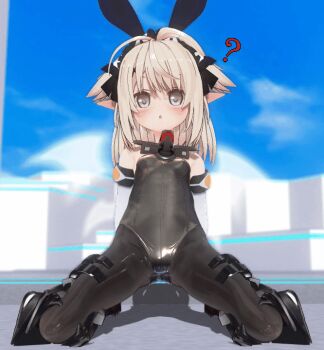 1girl 3d ? animated animated_gif arm_support armor black_footwear black_leotard black_pantyhose blonde_hair blush boots bow breasts cloud custom_maid_3d_2 eguze_(sho1013) energy_wings fang gloves grey_eyes hair_bow kneeling leotard loli long_hair looking_at_viewer maid_headdress mecha_musume armored_boots open_mouth pantyhose pointy_ears sex_machine sky small_breasts twintails white_gloves wings wristband