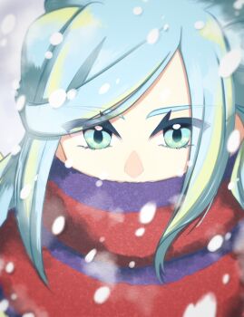 1boy blue_eyes blue_hair commentary_request eyelashes grey_background grusha_(pokemon) highres long_hair looking_at_viewer male_focus nintendo pokemon pokemon_sv red_scarf scarf scarf_over_mouth snowing solo upper_body winter yrz_oou