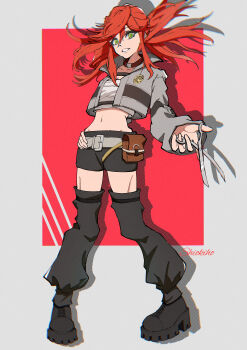 1girl absurdres artist_name breasts cleavage commentary full_body gachiakuta green_eyes grey_jacket grin hand_on_own_hip highres holding holding_scissors jacket navel red_hair riyo_reaper scissors shiokiho sidelocks smile solo teeth