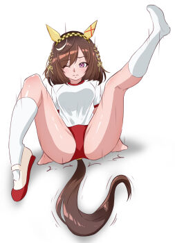 1girl absurdres alternate_costume ass braid buena_vista_(umamusume) buruma commentary_request commission enukee full_body gym_uniform hair_between_eyes hair_ornament hairband highres kneehighs looking_at_viewer one_eye_closed purple_eyes shoes sitting socks solo umamusume white_background