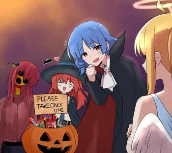 4girls ahoge alternate_eye_color amogan angel angel_wings ascot black_cloak black_necktie black_skirt blonde_hair blue_hair bocchi_the_rock! candy cloak closed_eyes commentary crossed_arms cube_hair_ornament detached_ahoge dress eldritch_abomination english_commentary english_text fake_halo fang feathered_wings flying_sweatdrops food gotoh_hitori hair_ornament hairclip halloween halloween_bucket halo hat highres ijichi_nijika kessoku_band kita_ikuyo looking_at_viewer medium_hair multiple_girls necktie open_mouth orange_eyes pink_hair pink_track_suit pleated_skirt red_hair shirt side_ahoge side_ponytail skin_fang skirt sleeveless sleeveless_dress track_suit vampire_costume white_ascot white_dress white_shirt wings witch_hat yamada_ryo yellow_halo