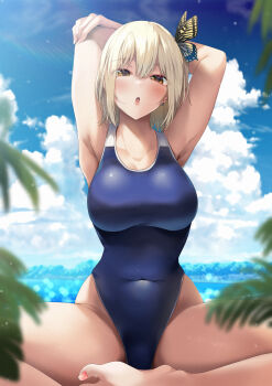 1girl :o armpits arms_up asakura_ageha bare_arms bare_shoulders barefoot blonde_hair blue_one-piece_swimsuit blush breasts brown_eyes butterfly_hair_ornament cloud collarbone commentary_request competition_swimsuit covered_navel hair_ornament highres large_breasts looking_at_viewer medium_hair one-piece_swimsuit open_mouth outdoors ryouma_(galley) sitting solo swimsuit thighs water yumeochi_-_yume_de_bokura_wa_koi_ni_ochiru