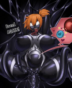 absurdres alternative_color arms_behind_head arms_up asymmetrical_hair big_belly black_bodysuit black_skin blush bodysuit breasts bulge clenched_teeth colored_skin corruption covered_erect_nipples cross-section cum dark_persona english_text eyelashes fertilization grin hair_between_eyes highres huge_breasts impregnation inflation interspecies large_breasts large_insertion latex looking_at_viewer makeup marvel misty_(pokemon) nintendo nipples nude one_side_up orange_hair ovum penis pokemon pokemon_rgby ponytail pregnant pussy red_eyes restrained rikutsuki sex sharp_teeth shiny_clothes shiny_skin short_hair side_ponytail skin_tight smile solo sperm_cell spread_legs stomach_bulge sweat teeth tentacle_sex tentacles vaginal veins venom_(marvel)