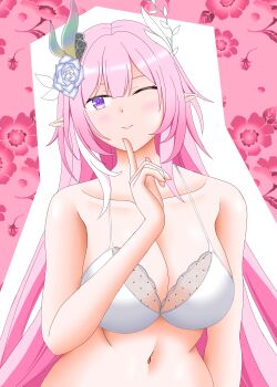 1girl ;) absurdres bra breasts cleavage collarbone commentary_request cyrene_(honkai:_star_rail) cyrene_(ripples_of_past_reverie)_(honkai:_star_rail) flower hair_flower hair_ornament highres honkai:_star_rail honkai_(series) jeniwasama large_breasts long_hair multicolored_hair navel one_eye_closed pink_hair pointy_ears purple_eyes smile solo stomach two-tone_hair underwear very_long_hair white_bra white_hair