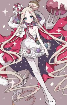 1girl abigail_williams_(fate) abigail_williams_(santa)_(fate) bare_shoulders blonde_hair blue_eyes blush bow brown_background christmas cloak commentary double_bun dress en_pointe eyelashes fate/grand_order fate_(series) forehead fur-trimmed_cloak fur_trim giant_fork hair_bow hair_bun high_heels highres light_smile long_hair looking_at_viewer lulutmi parted_bangs red_bow skinny smile snowflake_ornament solo strapless strapless_dress very_long_hair white_bow white_dress