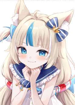 1girl absurdres ahoge animal_ear_fluff animal_ears blonde_hair blue_eyes blush cat_ears closed_mouth dress fins fish_girl fish_tail highres indie_virtual_youtuber lifebuoy_hair_ornament long_hair low_twintails one_side_up sameko_saba sleeveless sleeveless_dress smile solo tail twintails very_long_hair virtual_youtuber white_dress wsakuraw