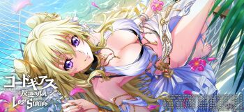 1girl armlet beach bikini black_bikini black_choker blonde_hair bracelet breasts chain choker cleavage code_geass code_geass:_boukoku_no_akito code_geass:_lost_stories cone_hair_bun double_bun flower hair_between_eyes hair_bun hair_ornament highres jewelry large_breasts leila_malcal long_hair looking_at_viewer nail_polish necklace ocean official_art plant purple_eyes smile solo swimsuit very_long_hair water